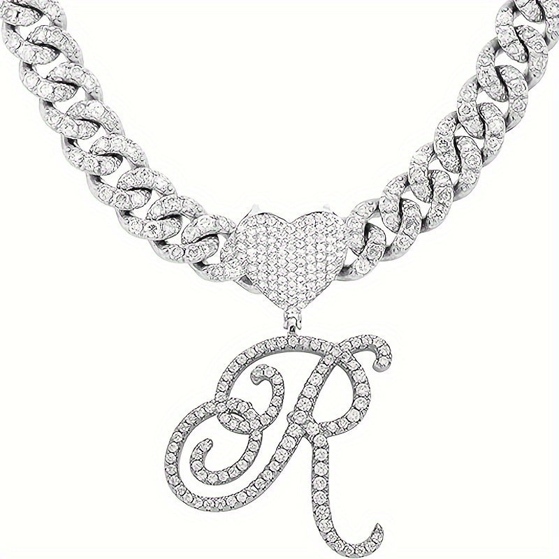 Silvery Cuban Link Necklace - Heart-shaped Alphabet Pendant on Ice Chain - Unisex Hip-hop Jewelry Gift