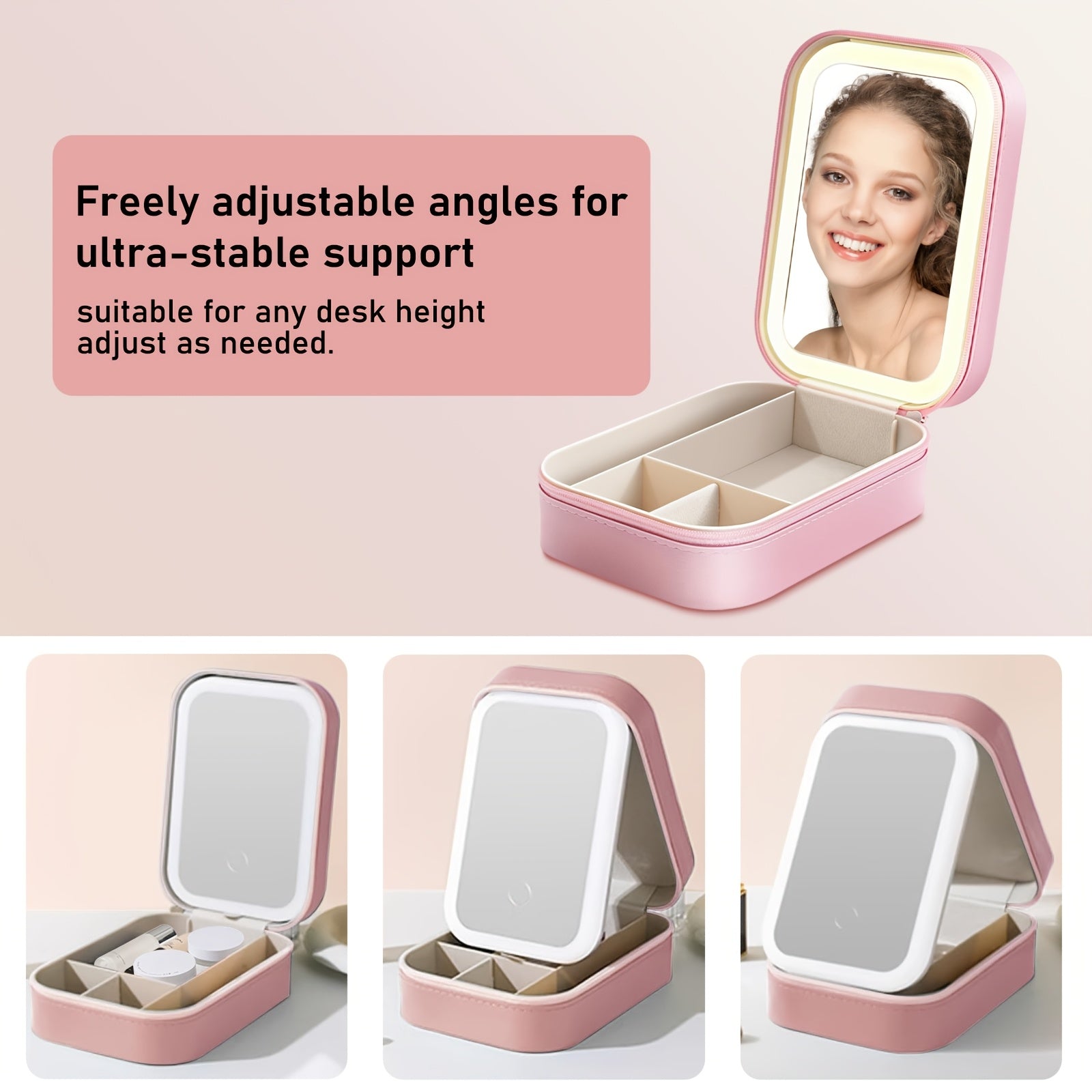 Rechargeable LED Lighted Makeup Bag With Mirror, Travel Cosmetic Case Organizer, Adjustable 3 Color, Jewelry Box With LED Makeup Mirror For Christmas Gift