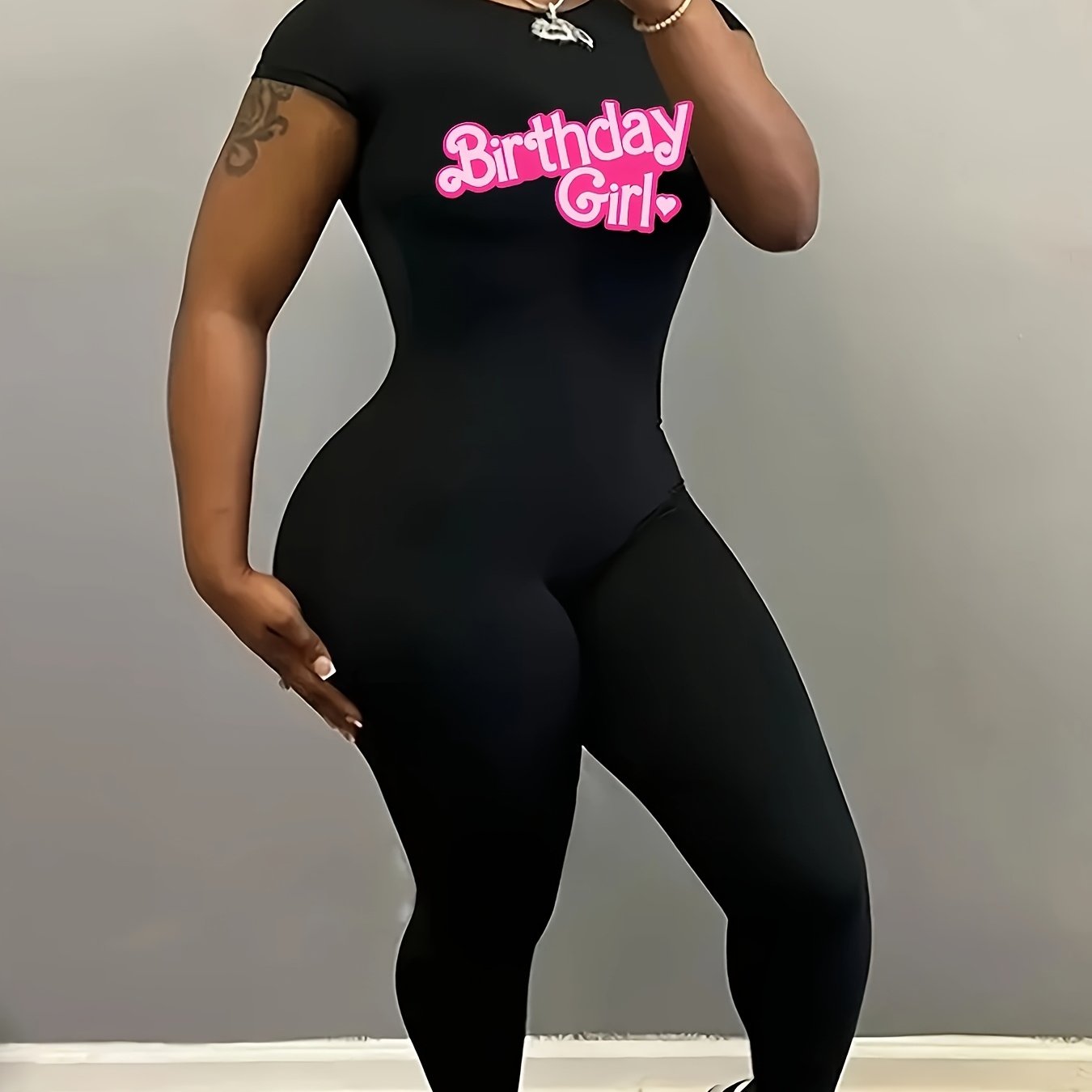 Women's Sexy Backless Bodycon Jumpsuit - Stretchy Polyester-Spandex Blend, Black with Pink "Birthday " Letter Print, Round Neck, Machine Washable, Spring/Summer Casual Outfit, Birthday Attire | Round Neck Jumpsuit | Stretchy