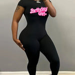Women's Sexy Backless Bodycon Jumpsuit - Stretchy Polyester-Spandex Blend, Black with Pink "Birthday " Letter Print, Round Neck, Machine Washable, Spring/Summer Casual Outfit, Birthday Attire | Round Neck Jumpsuit | Stretchy