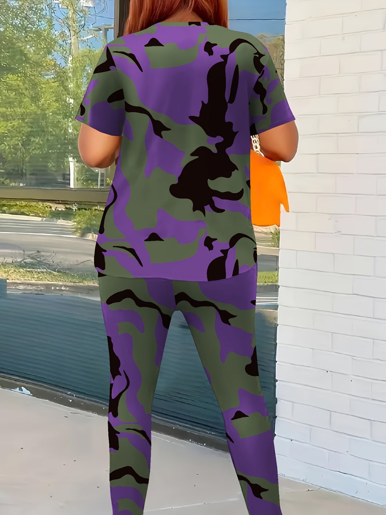 Camo Print Two-piece Set, Casual Crew Neck T-shirt & Skinny Pants Outfits, Women's Clothing