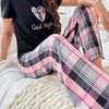 Women's Plaid Heart & Slogan Print Casual Pajama Set, Short Sleeve Round Neck Top & Pants, Comfortable Relaxed Fit
