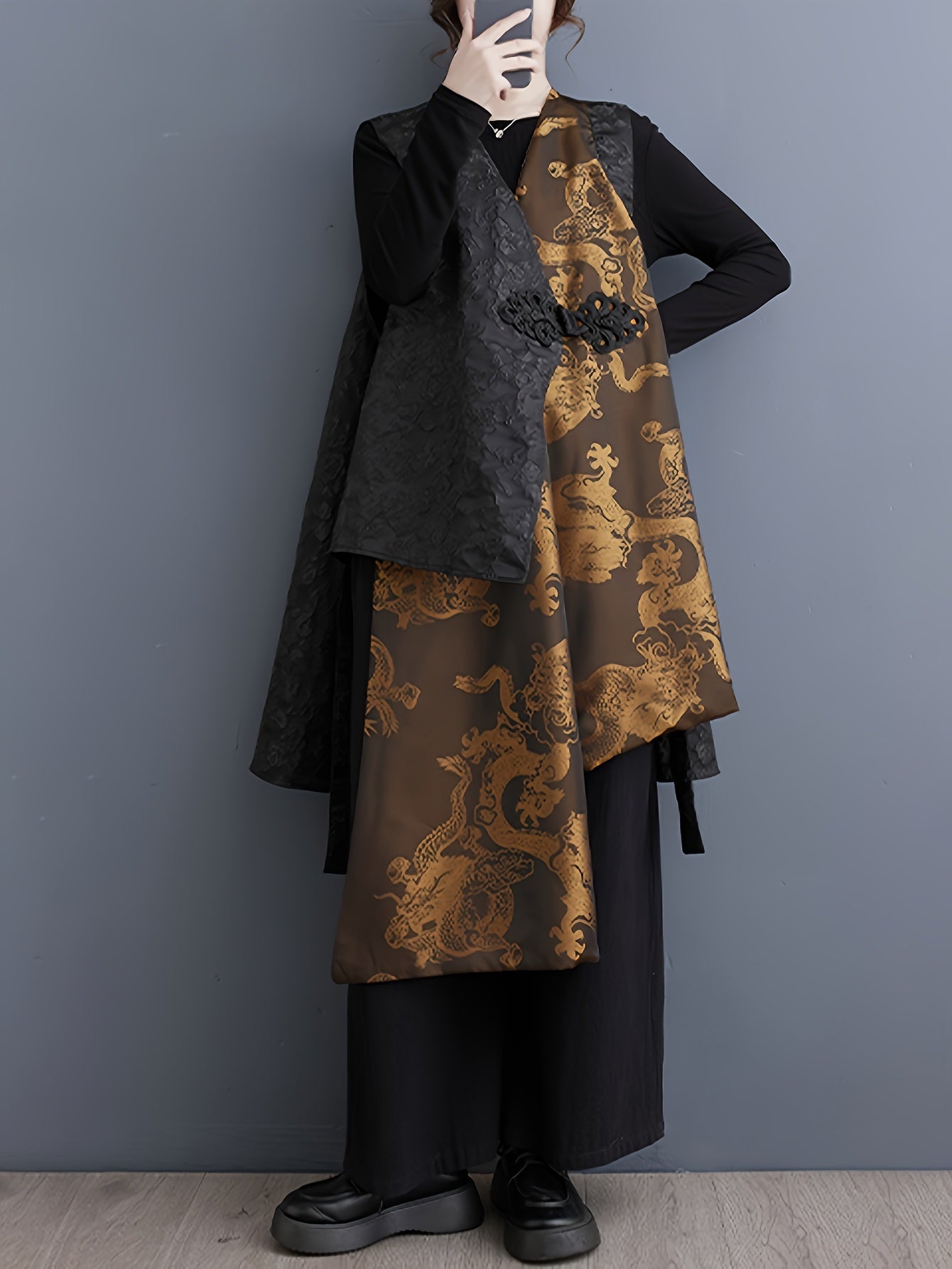 1pc Elegant Plus Size Golden Dragon Print Sleeveless Kimono Cardigan - Casual Polyester Woven Outerwear with Asymmetrical Hem and Criss-Cross Neck Design