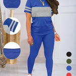 Women's Spring and Summer Round Neck Short Sleeve Top and Pants Set, Solid Color and Colorful Elastic Women's Set