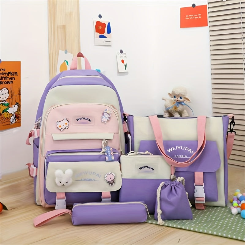5pcs High School Junior High School Student Mori Department Backpack Girl Color Contrast Cute Large Capacity Backpack Anti-school Season Schoolbag