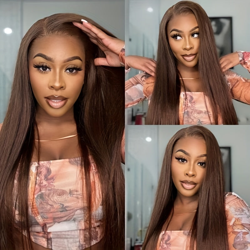 250% Density Chocolate Brown Straight Human Hair Wig - 13x5 HD Lace Front, Pre-Plucked Natural Hairline, Brazilian Remy Hair for Women, Long Silky Straight Style, Perfect for Everyday Glamour