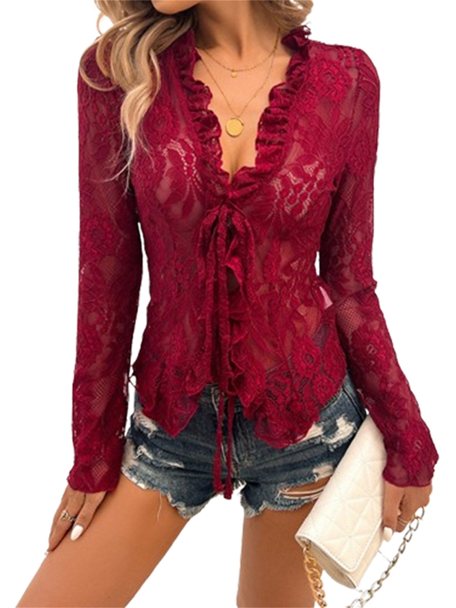 Women's Sheer Blue Lace Tie-Front Blouse - Long Sleeve V-Neck Floral Top for Casual & Clubwear, High Stretch Polyester Fabric, Elegant Ruffled Detailing, Casual Clubwear | Floral Lace Design | Intricate Lace Texture