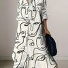 Abstract Face Print Button Up Shirt Dress, Vacation Long Sleeve Collared Loose Maxi Dress, Women's Clothing