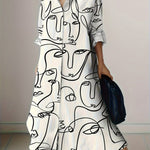 Abstract Face Print Button Up Shirt Dress, Vacation Long Sleeve Collared Loose Maxi Dress, Women's Clothing