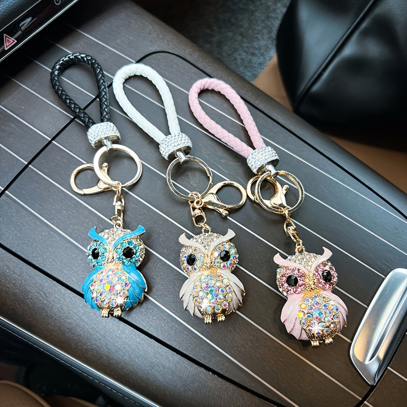 Rhinestone Owl Keychain - Cute Alloy Charm with Braided Rope, Sparkling Cartoon Owl Design, Perfect for Car Keys & Bags, Ideal Birthday Gift, Novelty Keychai