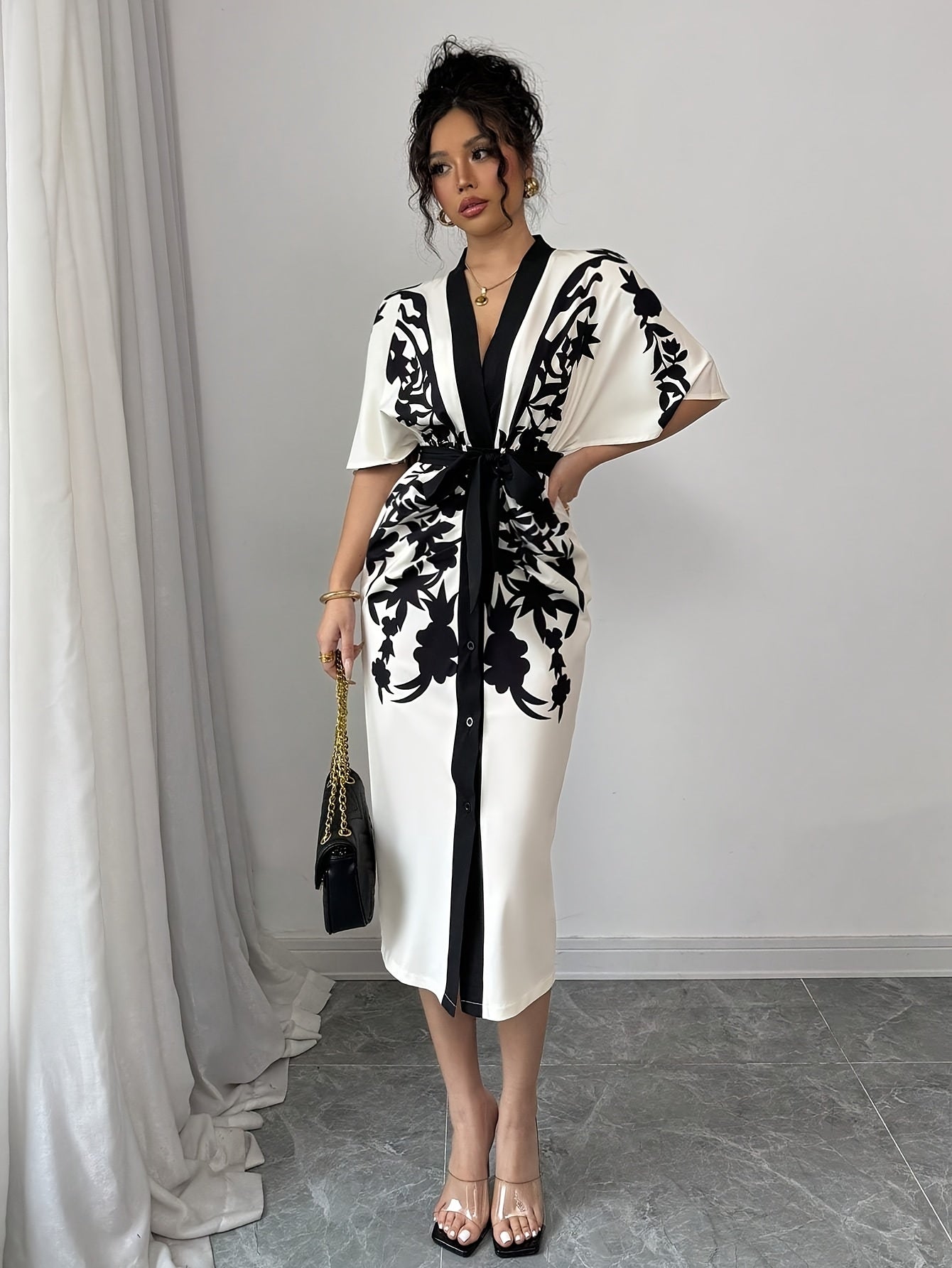 Women's Front Tie Short Sleeve Printed Slim Fit Dress {Elegant Directional}