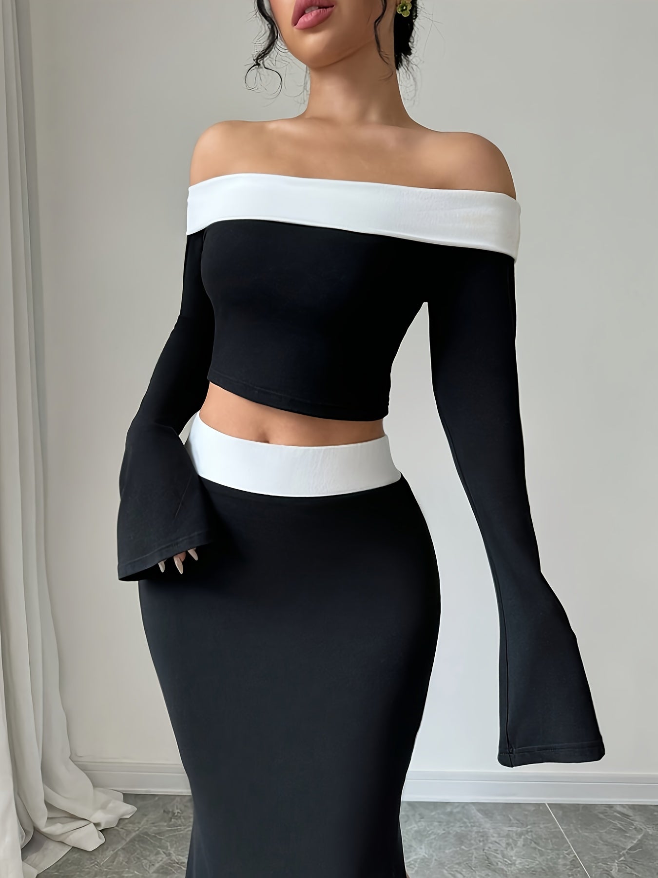 Elegant Off-Shoulder Crop Top & Side-Slit Mermaid Skirt Set - Polyester Blend, Machine Washable