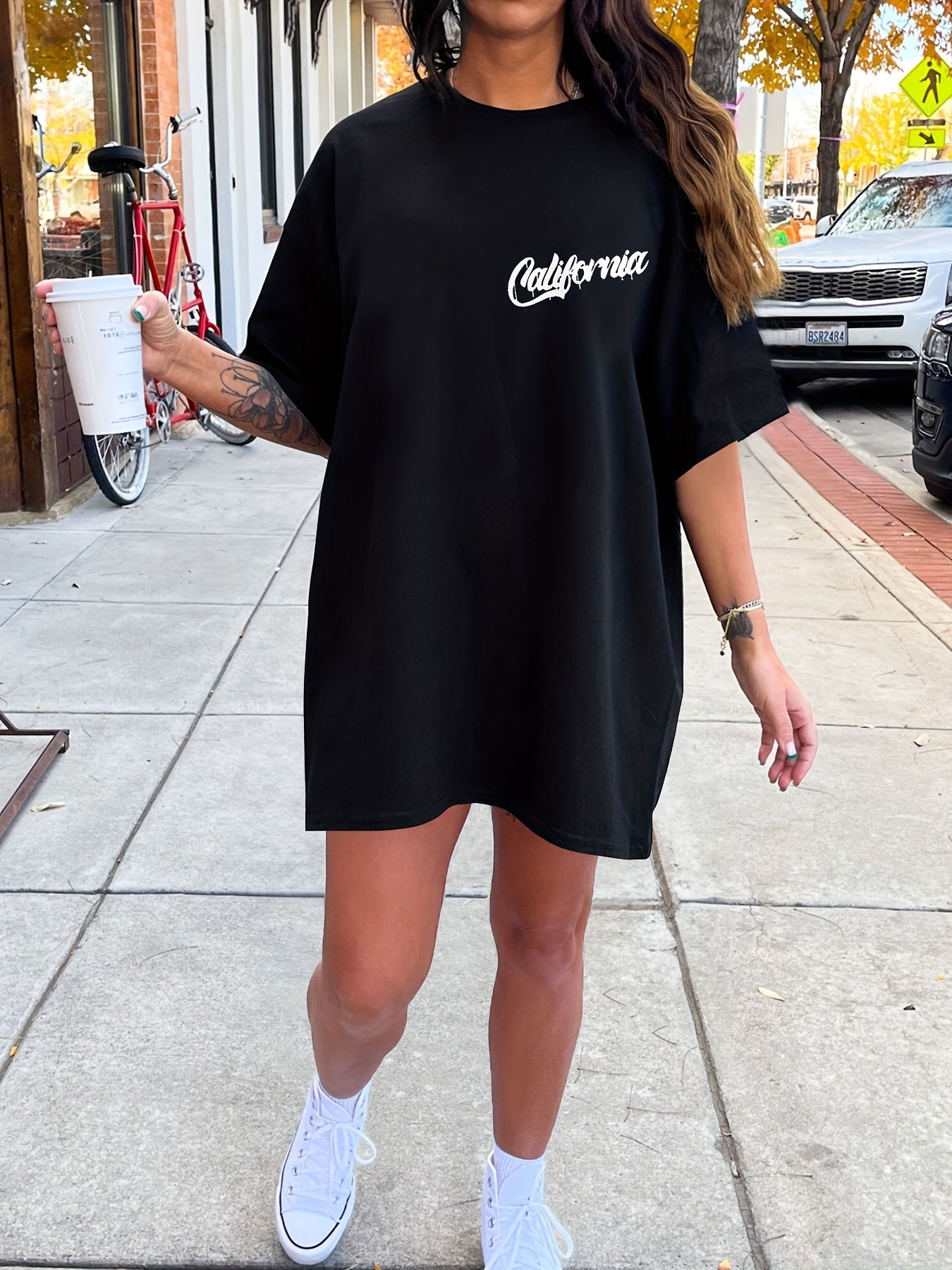 Letter & Coconut Tree Print Crew Neck Tee Dress, Casual Short Sleeve Dress For Spring & Summer, Women's Clothing