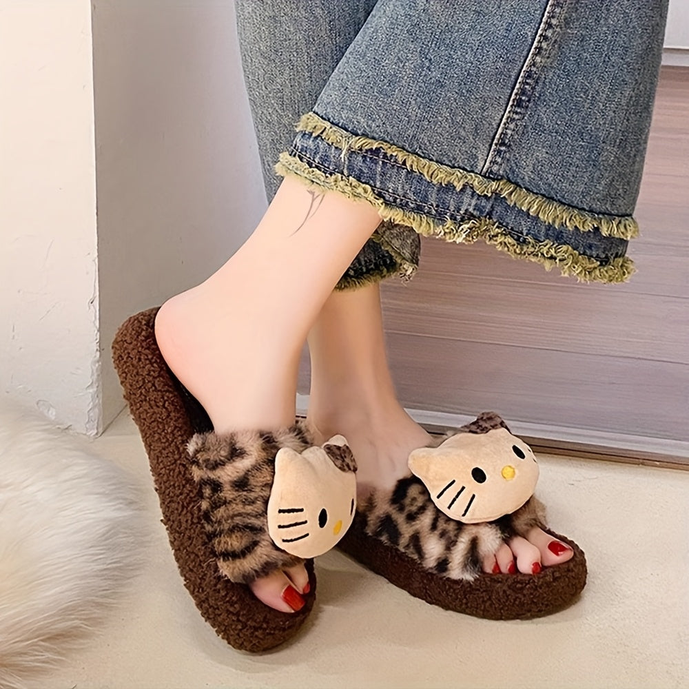 Sanrio Cute Leopard Print Hello Kitty Slippers For Women Autumn And Winter Home Indoor Non-slip Cute Thick Sole New Style Outdoor Wear High Value Warm Fur Leopard Print Slippers
