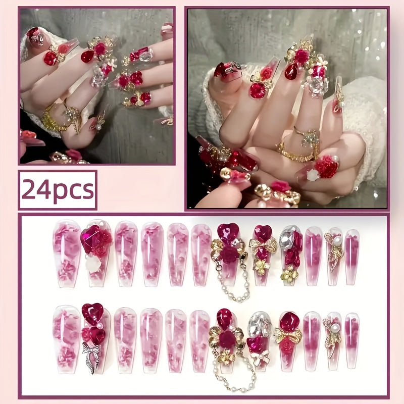 A Set of 24pcs (10 Handmade) New Year Costumes Featuring 3D Heart-Shaped Bows And Artificial Diamonds, Along with Long Stage-Style Wearable Nails, Perfect for Parties, Festivals, And Photoshoots, Including Wearing Tools.