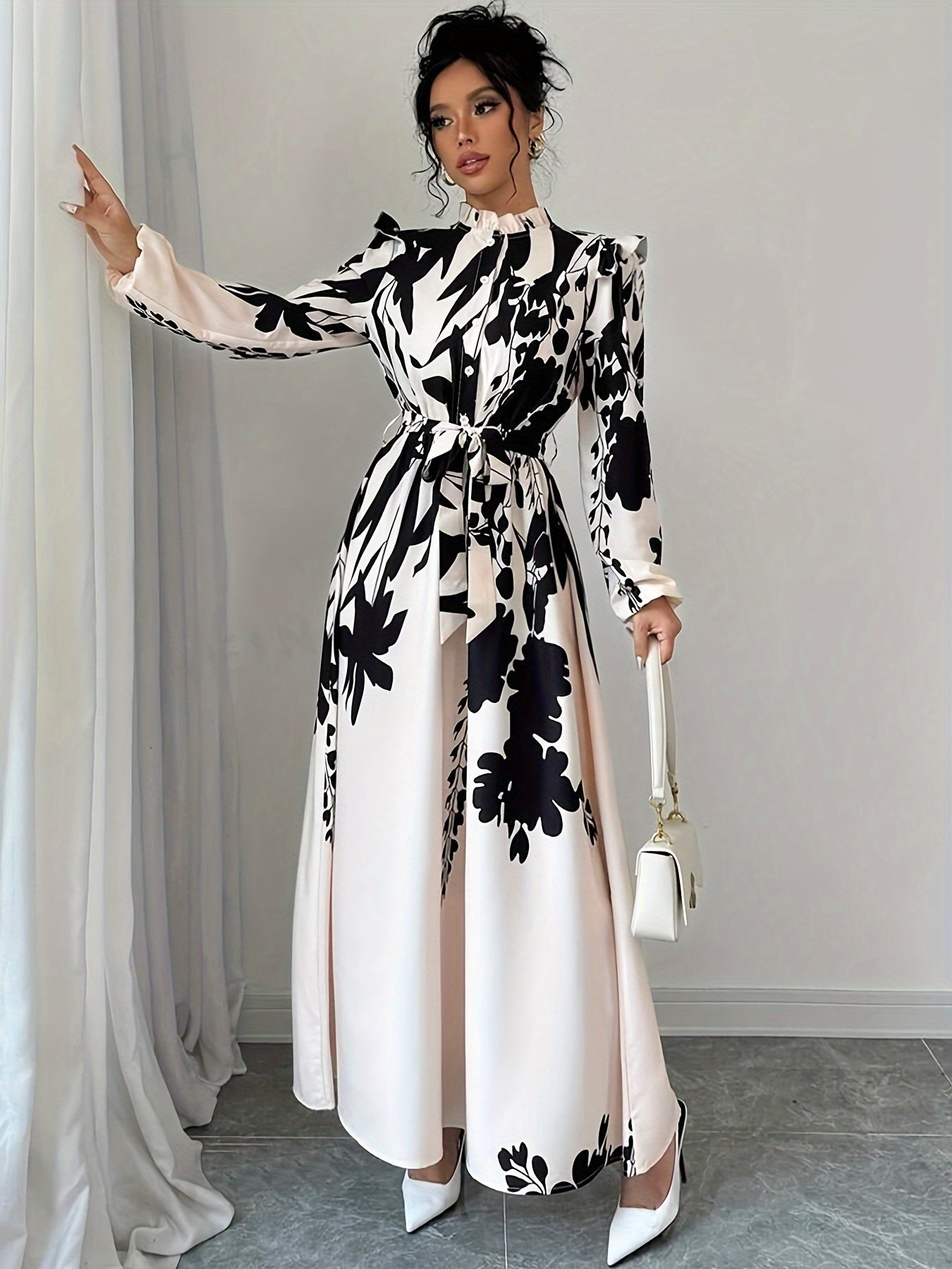 Long Sleeve Polyester A-Line Maxi Dress with Elegant Floral Print, Stand Collar, Waist Detail, Lantern Sleeves, and Ruffle Hem for Spring/Fall