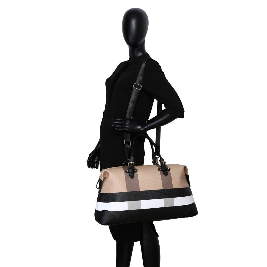 PU leather large overnight travel bag striped pattern handbag carry-on luggage bag suitable for vacation, overnight, camping, hiking, sports and fitness