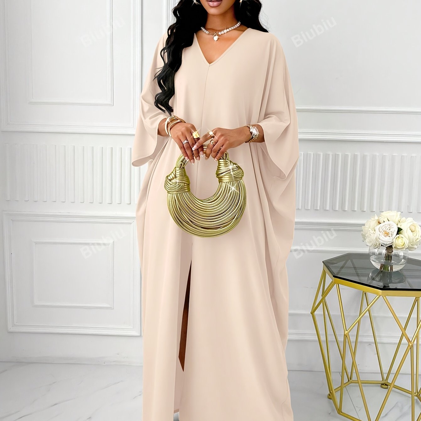 Elegant Solid Color V-Neck Cap Sleeve Side Slit Tunic Dress for Women - 100% Polyester Casual All-Season Long Dress
