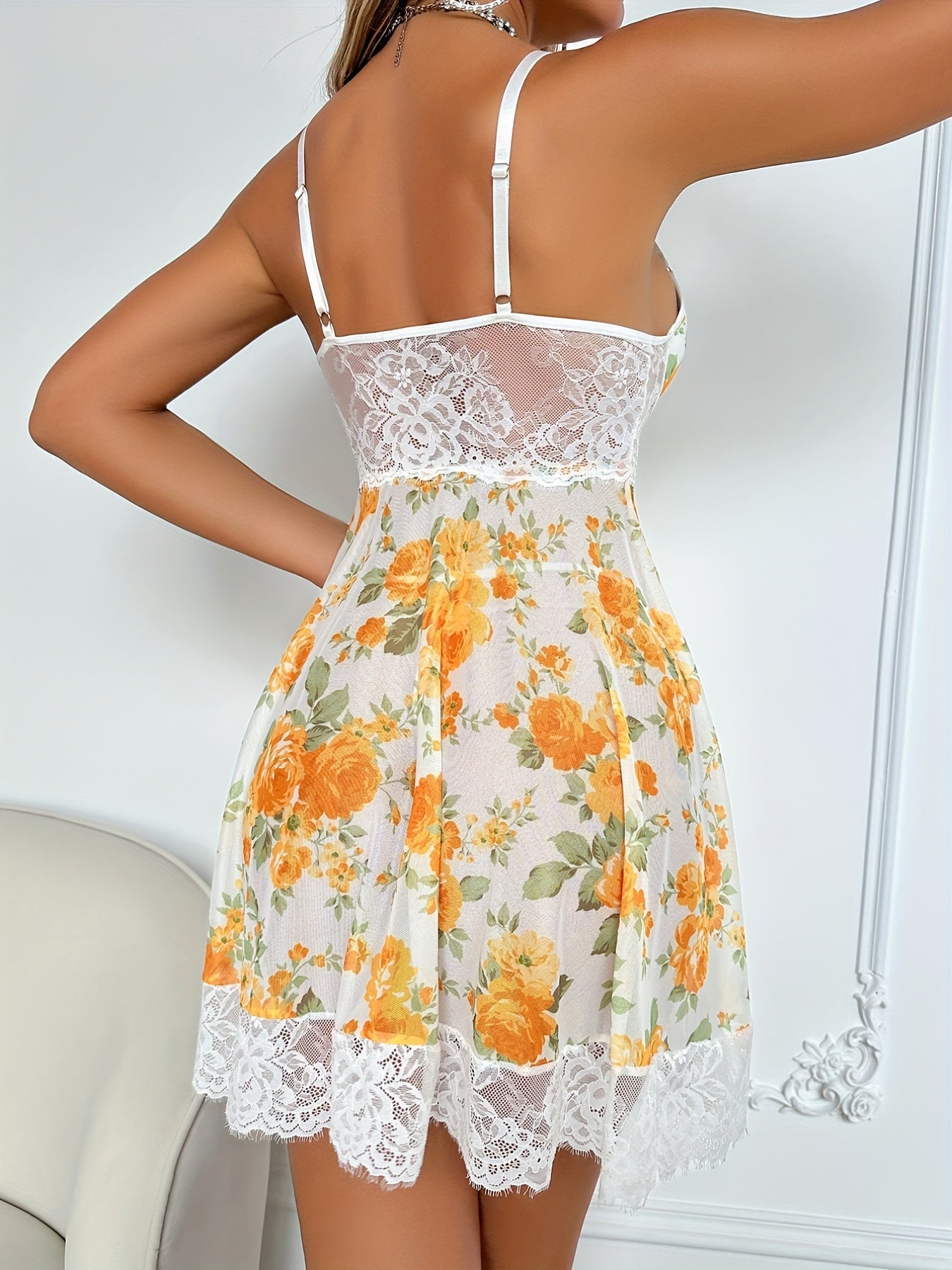 Sexy Lingerie Set, Floral Embroidered Lace Backless Seductive Nightgown, Tropical Style Spaghetti Strap Nightgown Two-Piece Set