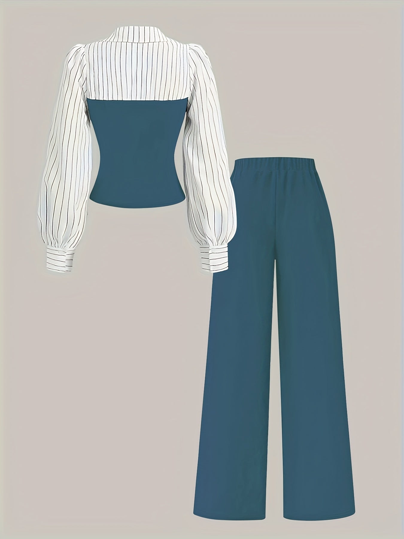 Women's Casual Elegant Two-Piece Set with Color Block Stitched Shirt and Wide-Leg Pants Suitable for All Seasons, Machine Washable, Striped V-Neck Long Pants Outfit, Accessories Not Included