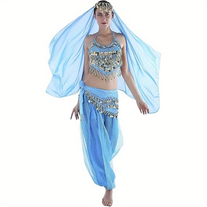 Glamorous 4pcs Indian Dance Costume Set - Headpiece, Bra, Trousers & Waist Chain - Vibrant Red & Golden Accents, Polyester Material - Perfect for Holidays, Performances & Festivals, Festival Attire|Exotic Attire|Polyester Cos