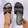 Women's Black Casual Slide Sandals with Metallic Chain Accents - Lightweight PU Cover Slip-On Summer Slippers, Comfortable Flat Heel & Round Toe for Beach, Casual Outings, Summer Footwear | Chic Casual Sandals | Pu Cover Sand