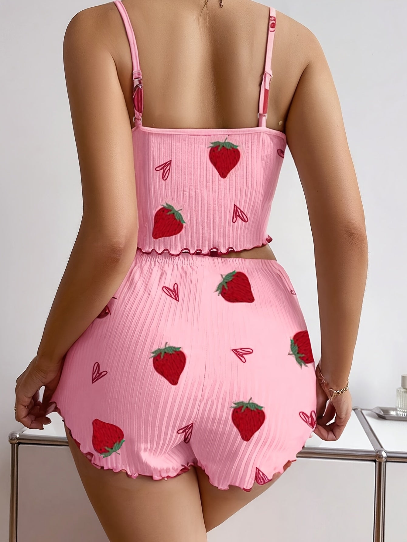 Charming Women's Heart Print Cami & Shorts Set – Cute Red & White Summer Knit Outfit with Bow Detail, Stretchy Polyester Blend