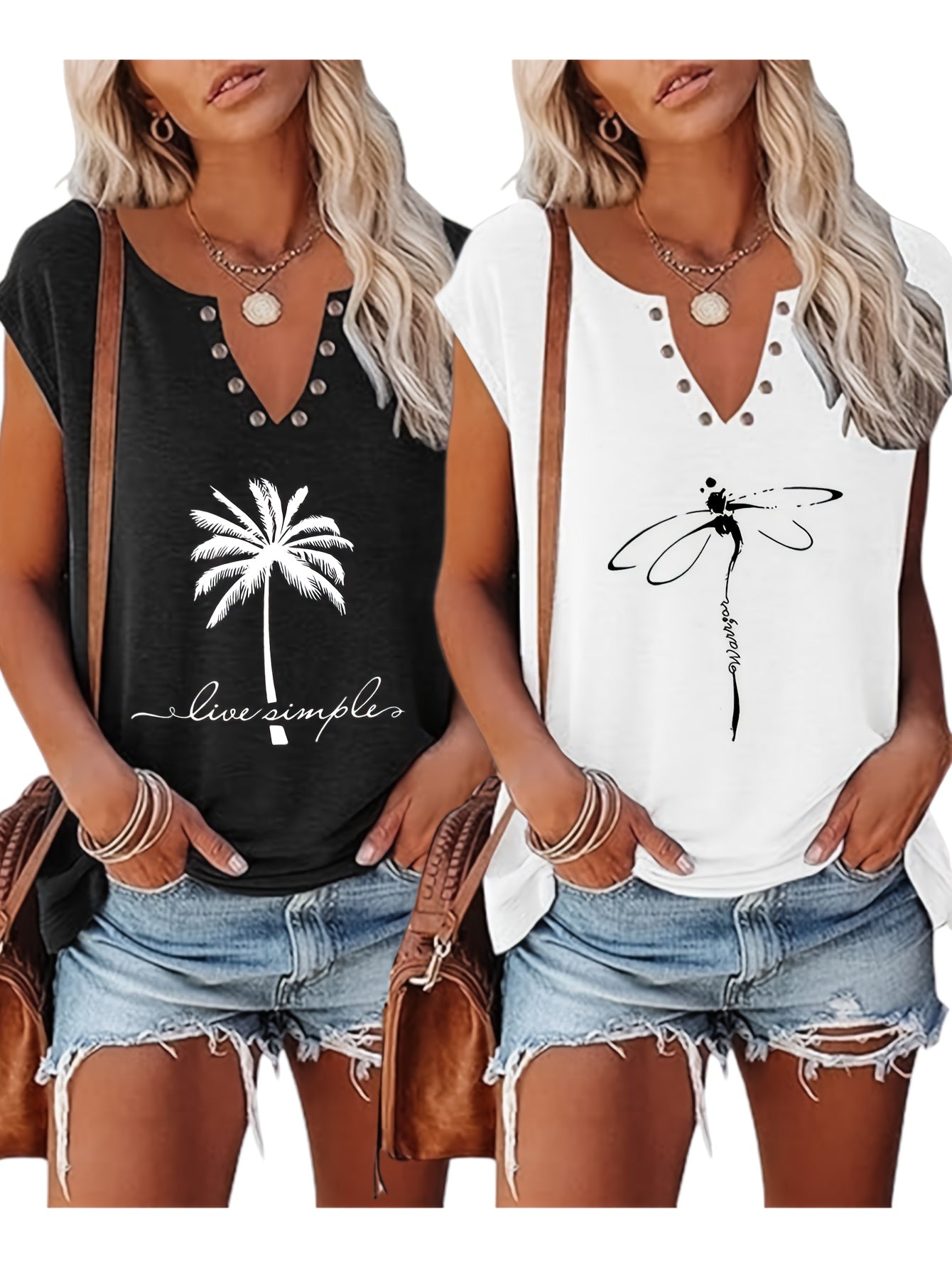 European & American Fashion Two-Piece Set – Printed V-Neck Button Vest & Matching Casual Bottoms, Lightweight Polyester-Rayon Blend