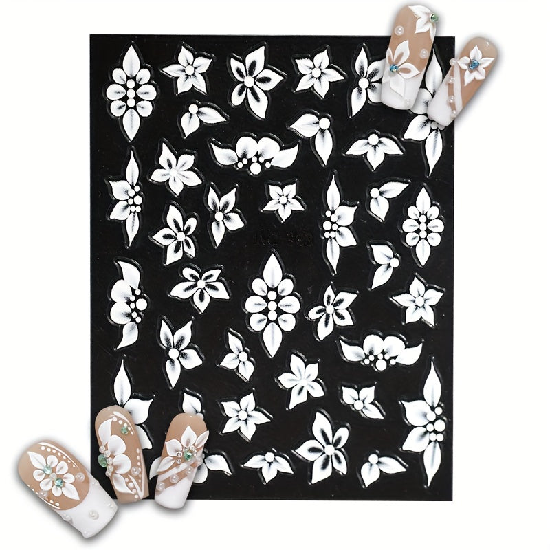 1 Set 3D Embossed Floral Nail Art Stickers - Self-Adhesive Plastic Nail Embellishments, Matte Finish, Plant Theme, Single Use, Irregular Shape - Unscented, Nail Art Decor | Floral Nail Design | Durable Nail Stickers