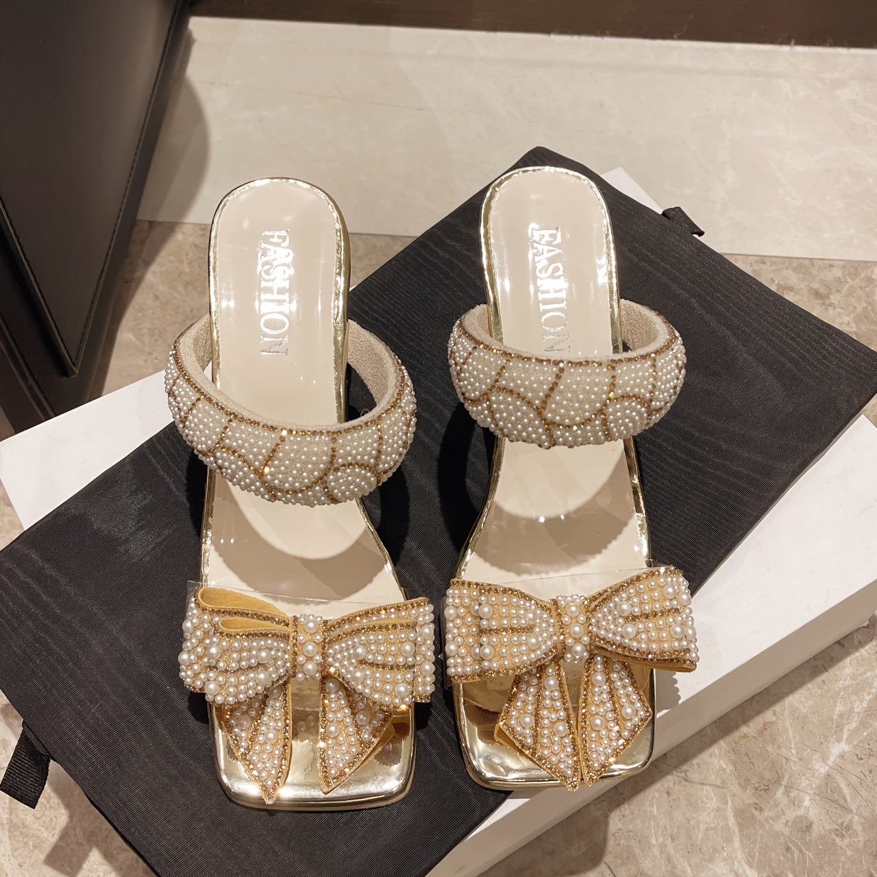 Women'S Summer Bowknot High Heel Sandals - Stylish Square Toe, Open Toe, Slip-On Design with Golden Accents, Faux Cover Upper & Sole, Perfect for Casual or Dressy Occasions, High Heel Sandals