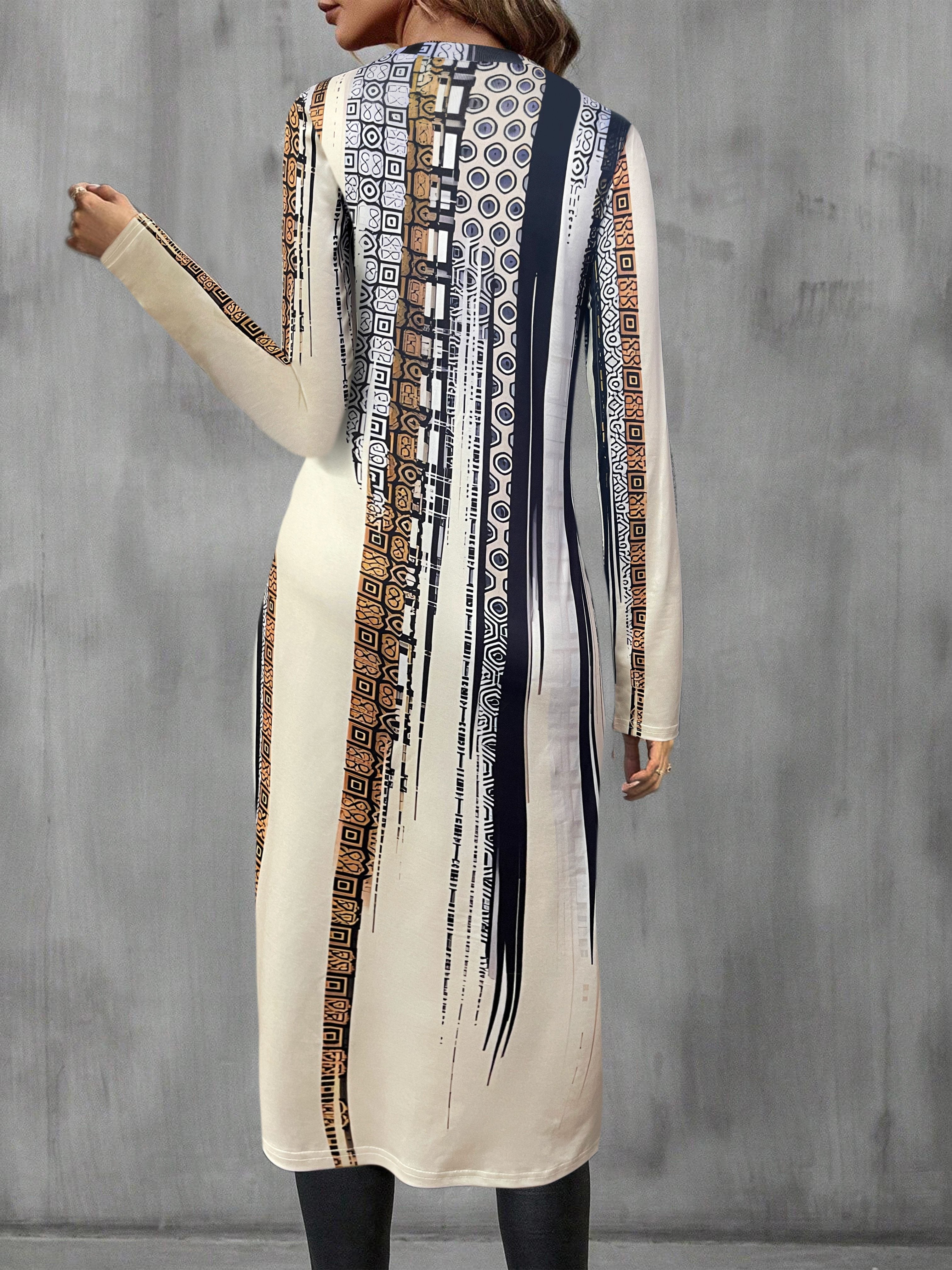 Women's Elegant Long Sleeve Top with Geometric and Striped Print - Round Neck, Asymmetrical Hem, Lightweight Polyester Blend for Spring, Fall, and Winter