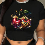 Women'S Casual Crew Neck Short Crop Top T-Shirt with Leopard Print Cherry Graphic, Polyester Knit Fabric with Elastane, Short Sleeve, All Season Wear