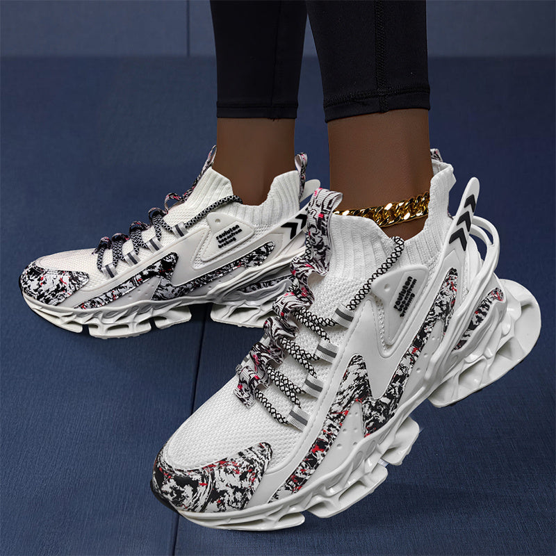 [White Breathable Mesh Sneakers] Stylish White Breathable Knit Mesh Sneakers - Women's Fashion Athletic Running Shoes with Non-Slip Blade Sole, Comfortable Lace-Up Mid-Top for Tennis & Casual Wear