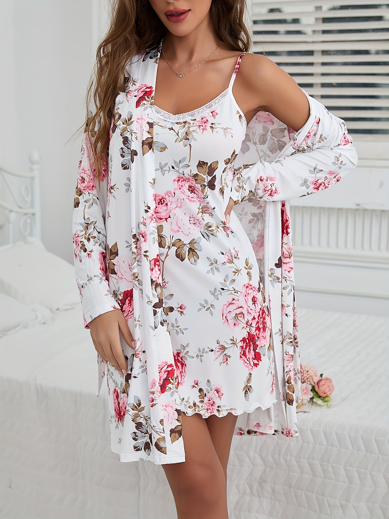 Women's Floral Print Lace Trim Suspender Dress + Pajama Set