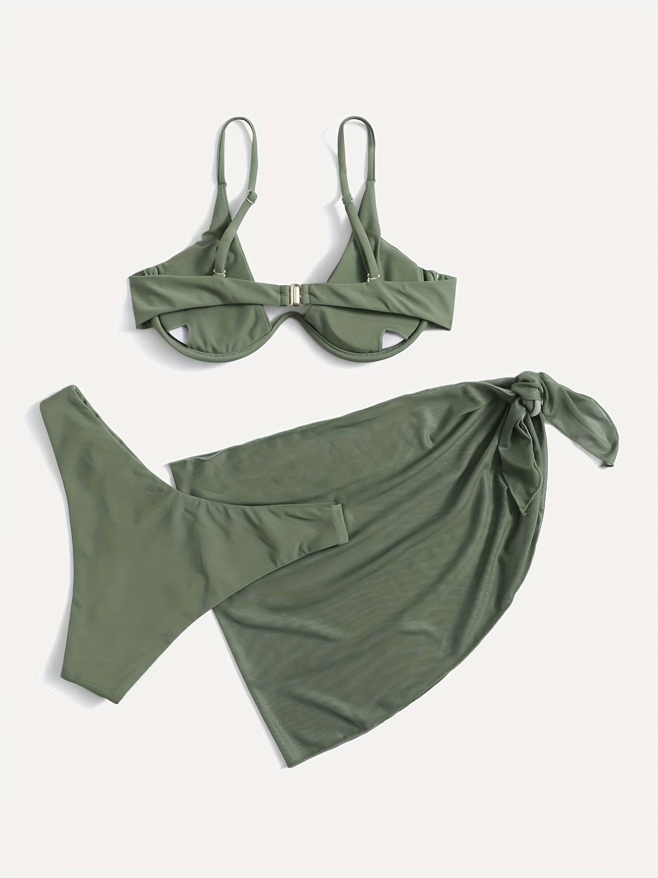 3 Piece Set Deep V Neck Stretchy Wrap Solid Color Spaghetti Strap Bikini With Mesh Tie Side Cover Up, Women's Swimwear & Clothing