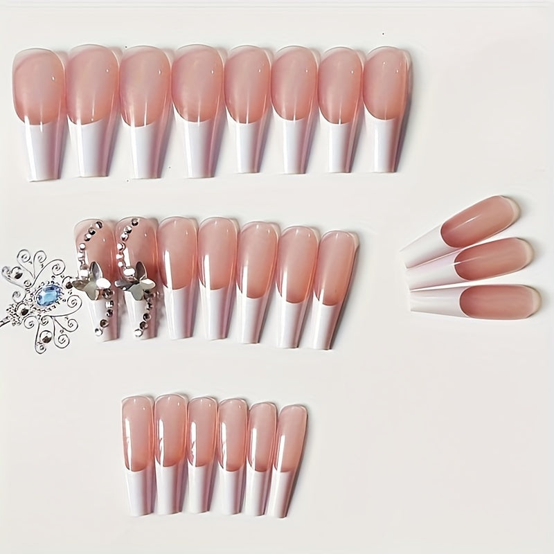 5-Pack (120 Pcs) Long Coffin Press-On Nails with Glittering French Tip - 3D Flower & Heart Rhinestone Design + 20pcs Ring Set - Mixed Glossy Finish, Adhesive Tabs & Nail File Included - Ultimate Glam for Women