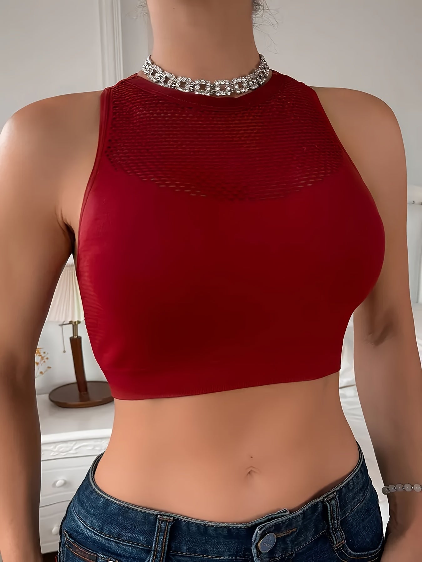 Mesh Contrast Racer Back Hollow Out Crop Top, Casual Crew Neck Sleeveless Cropped Tank Top, Women's Lingerie & Underwear