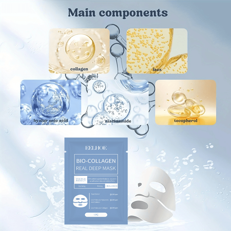 20pcs Bio-Collagen Real Deep Facial Masks, Unisex Adult Moisturizing Skincare, Full-Face Split Sheet Masks, Sleep Mask for Hydration, with Hyaluronic Acid & Nicotinamide, Soothing, Unscented, Alcohol-Free, with Suitable for A
