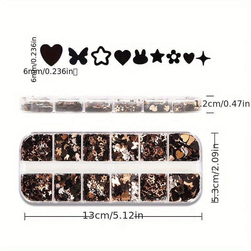 Yanyniu 12-Grid Butterfly & Floral Nail Glitter - Black, Golden & White Mix | Sparkling Rabbit & Flower Designs for Nail Art Decoration