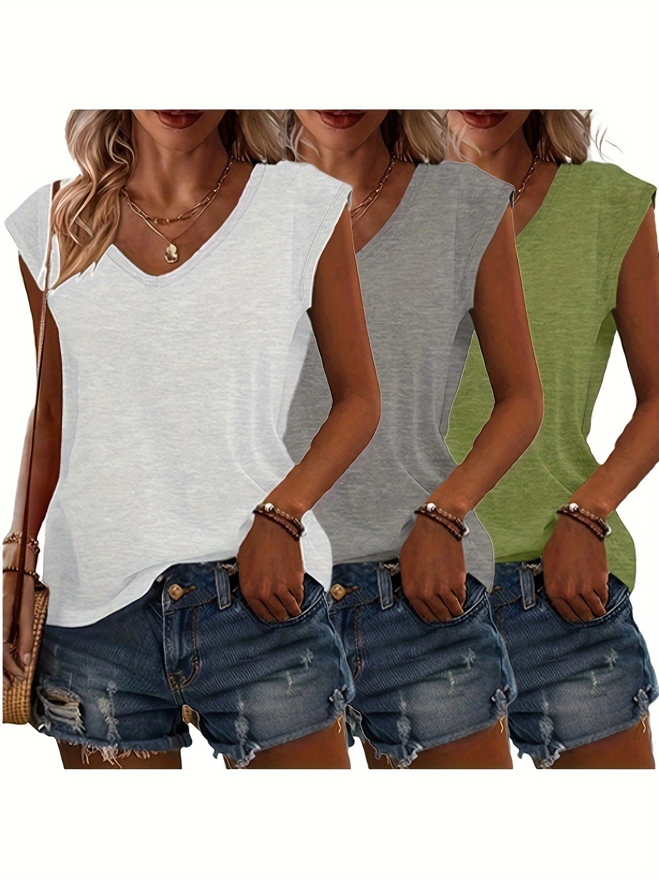 [Versatile | Cute] 3pcs Women's Lightweight Casual V-Neck Short Sleeve T-Shirts | Polyester Blend, Solid Colors | Perfect for Spring & Summer Outfits