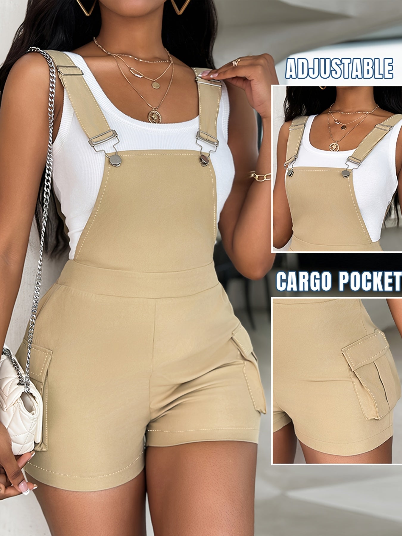 Women's Khaki Casual Overalls with Pockets - Sleeveless Polyester Jumpsuit for Spring/Summer, Shoulder-Baring Design, Machine Washable, Perfect for Casual Attire
