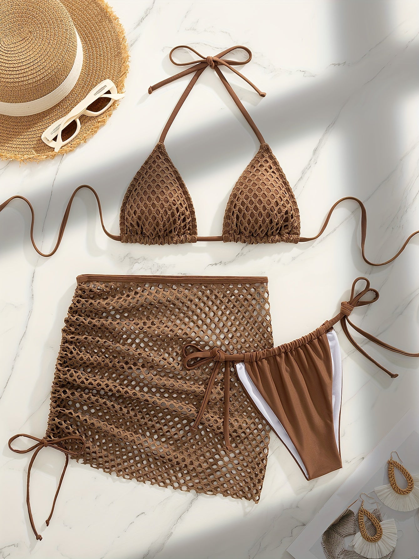 3 Piece Set Swimsuits - Hollow Out Plain Khaki Triangle Halter Tie Strap Bikini Drawstring Wrap Skirt - Women's Swimwear & Clothing - For Summer Beach Vacations - Perfect Gift for Women