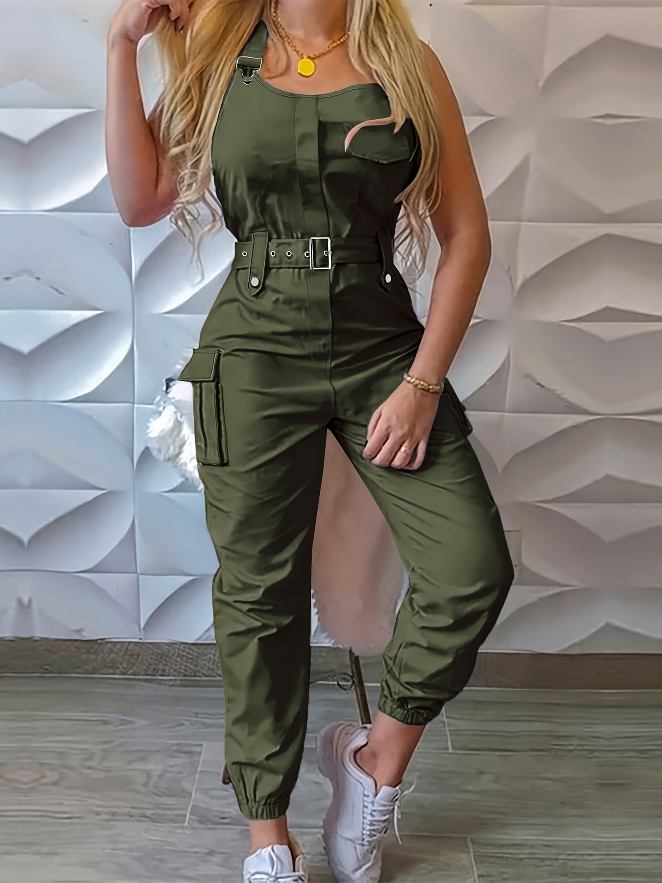 Solid Flap Pocket Cargo Jumpsuit with Belted Detail, Sleeveless Women's Casual Jumpsuit