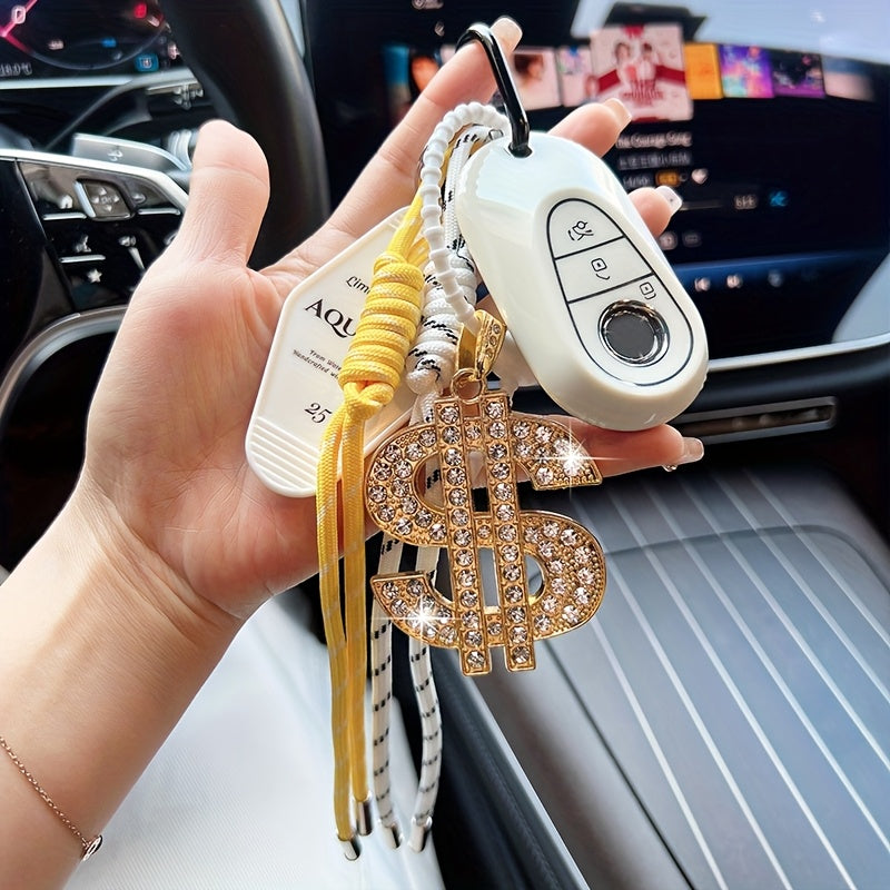 Fashion Dollar Sign Keychain, Handmade Braided Rope with Rhinestone Accents, Alloy Car Remote Key Ring, Decorative Bag Charm, Birthday Festival Gift for Women, Novelty Keychains