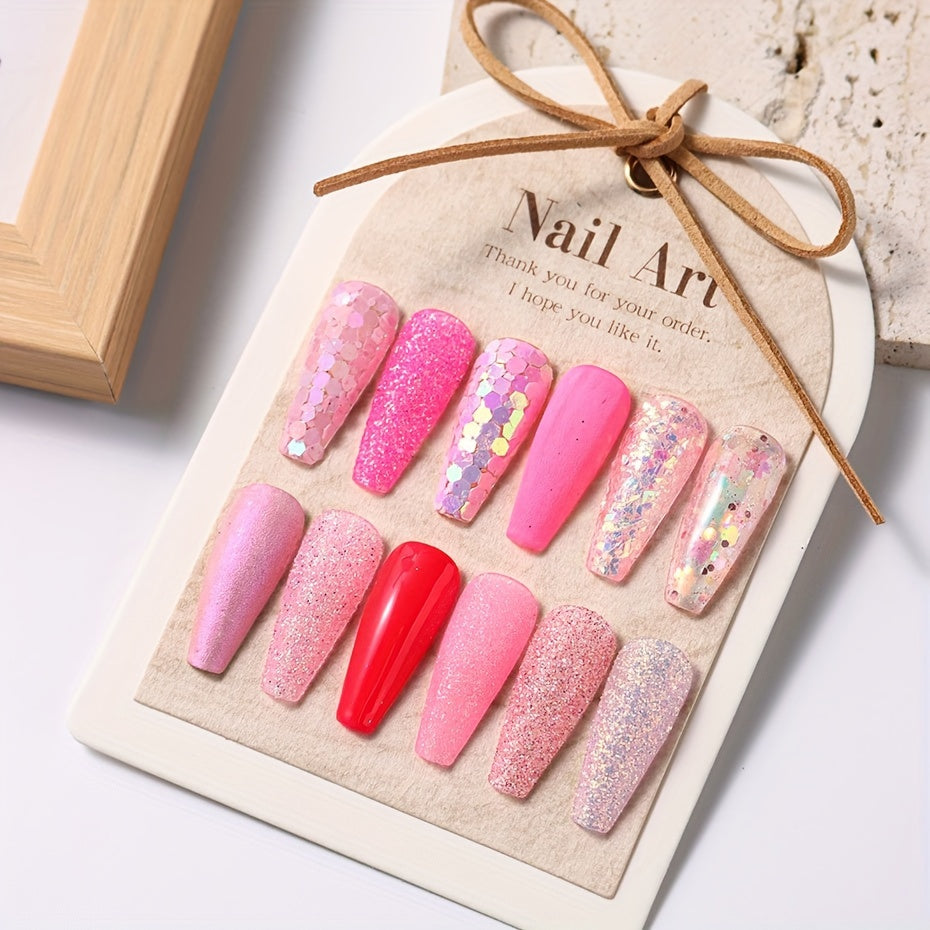 FULL BEAUTY 12 Grids Pink Glitter Nail Flakes, Holographic Hexagon Irregular Sequins, Sliced Sparkly Crystal Pigment Powder for Manicure Decoration, Hypoallergenic Rectangle Shape, Nail Charms