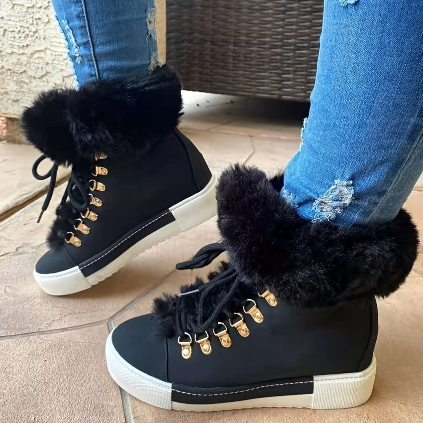 Womens Cozy Thermal Fleece Liner Ankle Boots - Comfortable Platform, Sleek Solid Colors, Durable Lace Up - Fashionable Faux Leather Footwear for Stylish Ladies