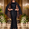 Elegant Sequin Mermaid Bridesmaid Dress | Women'S Bodycon Chiffon Cape Sleeve Gown | Black with Contrast Sequins | Long Flowing Flared Hem | Perfect for Weddings & Formal Events, Formal Evening Wear | Sophisticated Style | Se