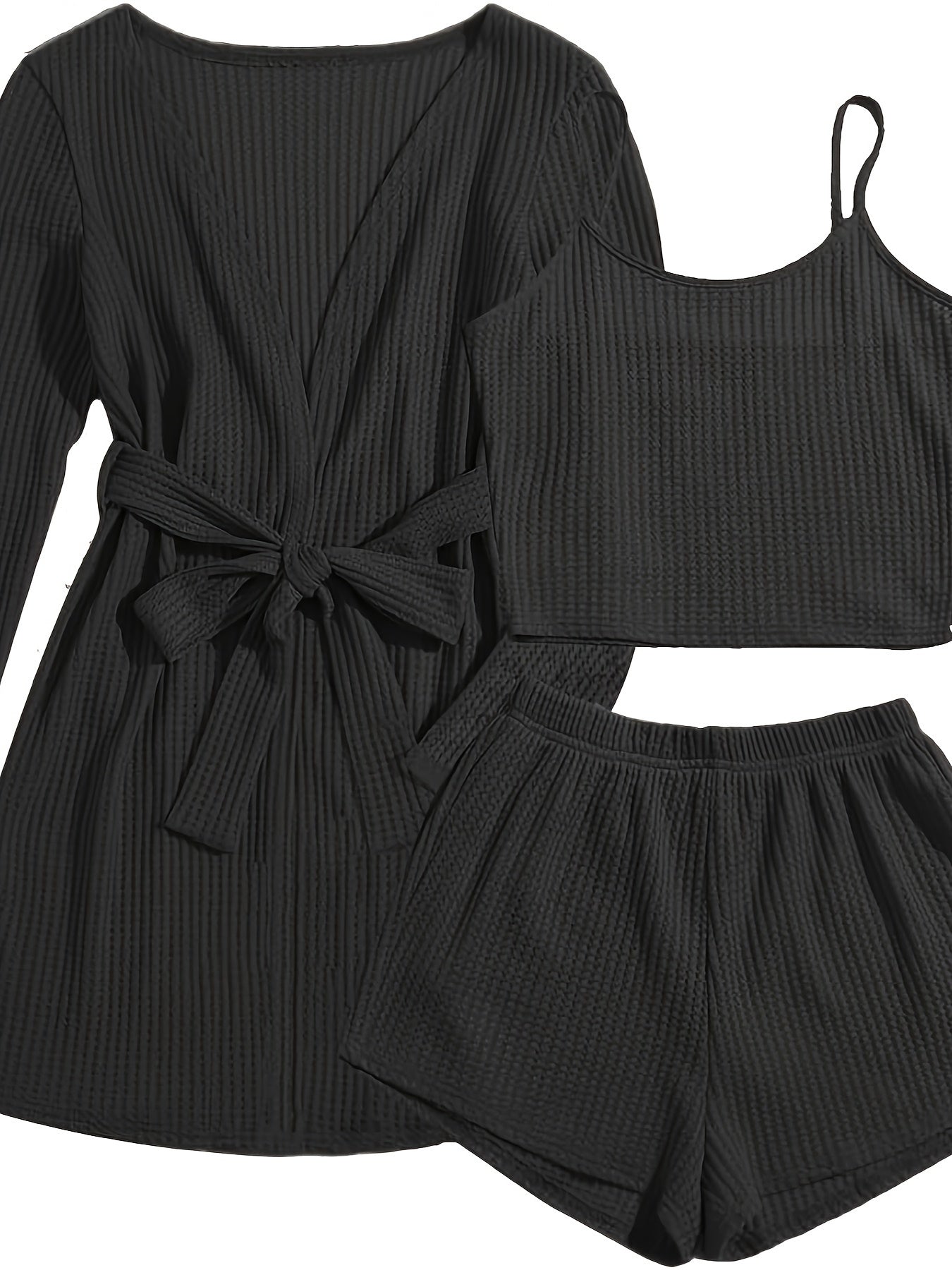 Women's Casual Solid Waffle Lounge Set, Long Sleeve Robe With Belt & Round Neck Backless Crop Cami Top & Shorts, Comfortable Relaxed Fit, Summer Home Wear