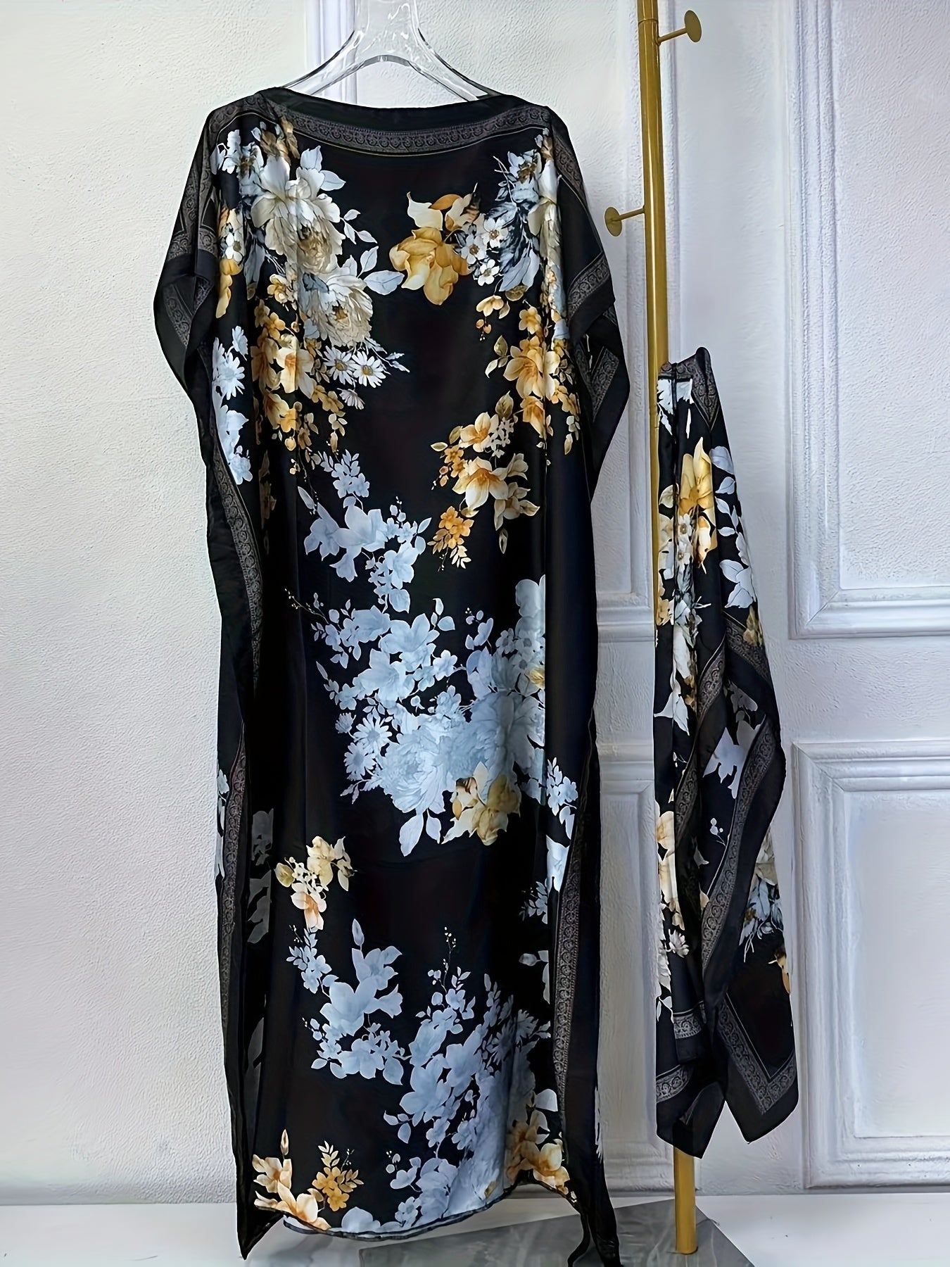 WINYI Women'S Long Kaftan Dress, Polyester 100% Crew Neck Tunic with Belt, Loose Fit All Over Print, Middle Eastern Bohemian African Style, Beach Cover Up, Elegant Evening Abaya for Dubai, Spring/Summer Collection