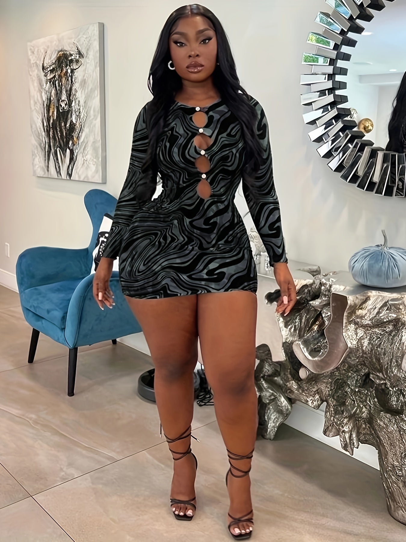 Elegant & Sexy Women's Bodycon Dress - Long Sleeve, Round Neck, Camo Print, Stretch Fabric, Machine Washable